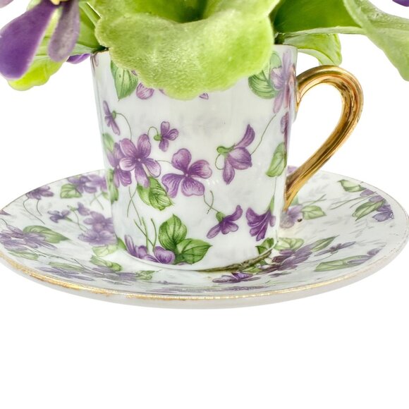 Vtg Inarco E-563 Porcelain Violet Floral Cup Saucer Figurine Flowers Gold Accent - Picture 2 of 10